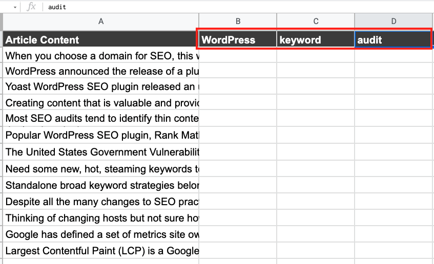 Add keywords to your Google Sheet document